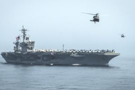 Helicopters fly from the aircraft carrier USS Theodore Roosevelt (CVN 71) during a resupply mission with the aircraft carrier USS Carl Vinson (CVN 70) in this U.S. Navy handout picture taken in the Gulf of Oman April 13, 2015 and released April 20, 2015. The U.S. Navy sent the carrier USS Theodore Roosevelt and its escort cruiser, USS Normandy, from the Gulf into the Arabian Sea on Sunday. Army Colonel Steve Warren, a Pentagon spokesman, denied reports the ships were on a mission to intercept Iranian arms shipments to Yemen. REUTERS/U.S. Navy/Mass Communication Specialist 2nd Class Scott Fenaroli/Handout THIS IMAGE HAS BEEN SUPPLIED BY A THIRD PARTY. IT IS DISTRIBUTED, EXACTLY AS RECEIVED BY REUTERS, AS A SERVICE TO CLIENTS. FOR EDITORIAL USE ONLY. NOT FOR SALE FOR MARKETING OR ADVERTISING CAMPAIGNS