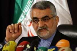 The Chairman of Foreign Policy and National Security Committee at the Iranian Shura Council, Alaeddin Boroujerdi speaks to the press in Damascus on May 14, 2015. AFP PHOTO / LOUAI BESHARA