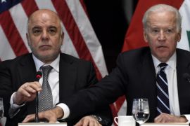 Vice President Joe Biden and Iraq's Prime Minister Haider Al-Abadi participates in a session of the U.S.-Iraq Higher Coordinating Committee, Thursday, April 16, 2015, in the Indian Treaty Room of the Eisenhower Executive Office Building on the White House complex in Washington. The meeting will bring together officials from across the U.S. and Iraqi governments to discuss energy, economic cooperation, and other issues in the bilateral relationship. (AP Photo/Susan Walsh)