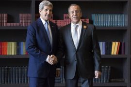 U.S. Secretary of State John Kerry, left,shakes hands with Russian Foreign Secretary Sergey Lavrov before a bilateral meeting in Sochi, Russia. Tuesday, May 12, 2015. Kerry hopes to explore Russia's willingness to curb its involvement in Ukraine and its support for Syria's president at talks on Tuesday with President Vladimir Putin. (Joshua Roberts/Pool Photo via AP)