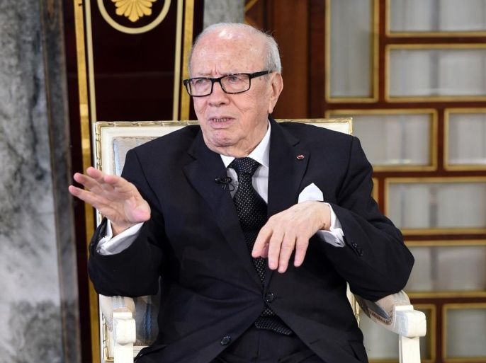 Tunisian President Beji Caid Essebsi talks to French Minister of Culture and Communication Fleur Pellerin (unseen) during a meeting on April 18, 2015 at the Carthage Palace in Tunis. A month after the March 18 gun attack on the capital's Bardo National Museum, Fleur Pellerin is on an official visit to express her support to the families of the victims and to the Tunisian people. AFP PHOTO / FETHI BELAID