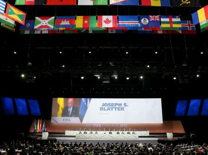 ZURICH, SWITZERLAND - MAY 29: A general view as FIFA President Joseph S. Blatter talks on stage during the 65th FIFA Congress at the Hallenstadion on May 29, 2015 in Zurich, Switzerland.