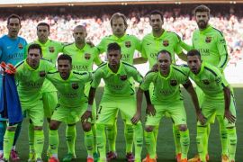 MADRID, SPAIN - MAY 17: Barcelona line up prior to the La Liga match between Club Atletico de Madrid and FC Barcelona at Vicente Calderon Stadium on May 17, 2015 in Madrid, Spain.