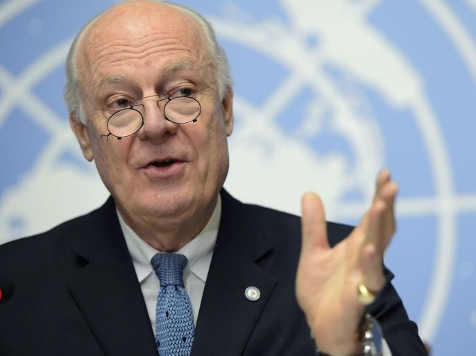 The UN Special Envoy for Syria Staffan de Mistura speaks during a press conference on Syria at the European headquarters of the United Nations, in Geneva, Switzerland, Thursday, Jan. 15, 2015. (AP Photo/Keystone, Martial Trezzini)