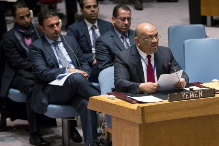 Permanent Representative of the Mission to Yemen, Khaled Hussein Al Yemany, right, speaks during a meeting of the United Nations Security Council at UN headquarters, Sunday, March 22, 2015. (AP Photo/Craig Ruttle)