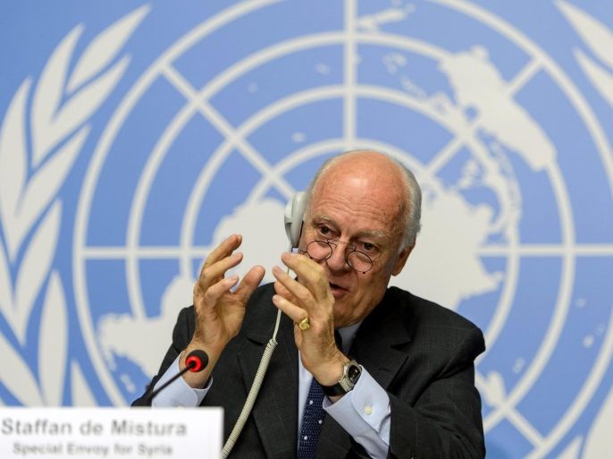 The UN Special Envoy of the Secretary-General for Syria, Staffan de Mistura, speaks during a press conference about Syria, at the European headquarters of the United Nations, in Geneva, Switzerland, 05 May 2015. De Mistura is meeting this week with representatives of the Syrian government and opposition in Geneva to explore the possibility of restarting peace talks. The consultations could last several weeks and would be held at the level of ambassadors and Syrian opposition representatives.