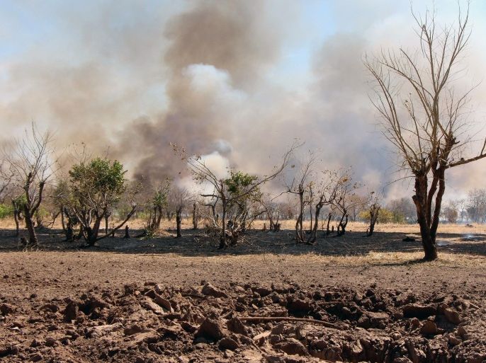 A picture taken on February 13, 2014 shows smoke rising from trees following a reported aerial bombing attack by government forces on Tabanya, Buram County, in southern Kordofan where Sudan People's Liberation Movement-North (SPLM-N) rebels have been fighting since 2011. The Sudanese goverment and South Kordofan rebels met for their first peace talks in almost a year, after a landmine reportedly killed five people in a war that has affected more than one million. AFP PHOTO / NUBA REPORTS / AHMED KHATIR