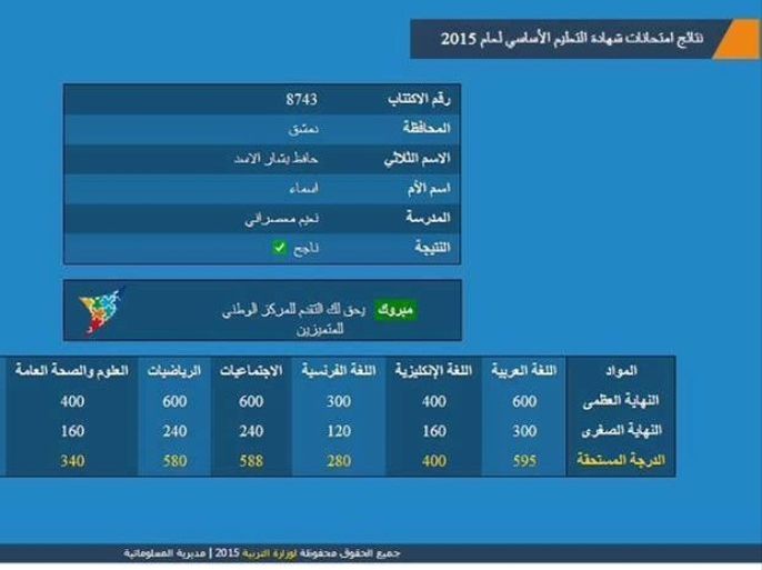 نتائج حافظ بشار الأسد في امتاحان الشهادة الإعدادية كما نشرت