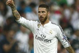 Real Madrid's Sergio Ramos reacts during the Champions League second leg semifinal soccer match between Real Madrid and Juventus, at the Santiago Bernabeu stadium in Madrid, Wednesday, May 13, 2015. (AP Photo/Oscar del Pozo)