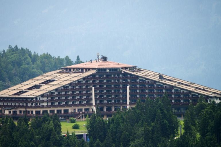 The Interalpen-Hotel Tirol, venue of the Bilderberg conference, is pictured on June 14, 2015 near Telfs, Austria. The Bilderberg group, which brings together international leaders from politics, high finance, business and academia holds its highly exclusive annual meeting in a luxury hotel in the Austrian Alps. AFP PHOTO / CHRISTIAN BRUNA