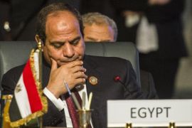 Egypt's President Abdel Fattah al-Sisi attends the closing session of an African summit meeting in the Egyptian resort of Sharm el-Sheikh on June 10, 2015. Senior African officials were negotiating a trade deal in Egypt to create a common market across half the continent, with the aim of raising Africa's share of global trade -- currently at about two percent. The deal between the East African Community, Southern African Development Community and the Common Market for Eastern and Southern Africa (COMESA) would create a 26-country market with a population of 625 million and gross domestic product worth more than $1 trillion (900 billion euros). AFP PHOTO / KHALED DESOUKI