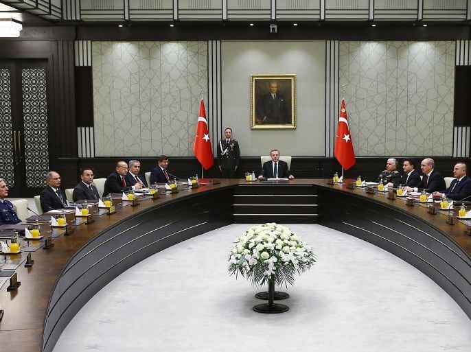 ANKARA, TURKEY - FEBRUARY 26: Turkish National Security Council meeting starts under the chairmanship of the Turkish President Recep Tayyip Erdogan (C) at Presidential Palace in Ankara, Turkey on February 26, 2015.