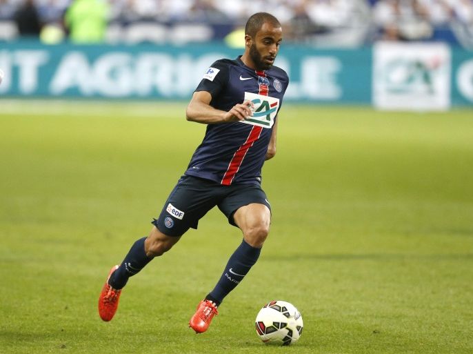 PARIS, FRANCE - MAY 30: Lucas Moura of PSG in action during the French Cup Final between Paris Saint-Germain (PSG) and AJ Auxerre at Stade de France on May 30, 2015 in Saint-Denis nearby Paris, France. (Photo by Jean Catuffe/Getty Images)