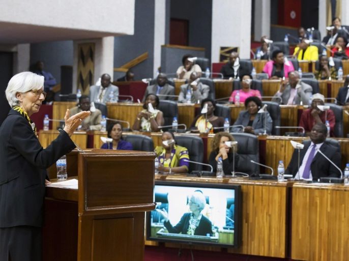 International Monetary Fund Managing Director, Christine Lagarde (L), addresses the Rwandan Parliament, Kigali, Rwanda, 27 January 2015. According to reports ahead of Lagarde's three day visit to Rwanda, she praised the countries transformative and inclusive policies that have led to a significant decline in poverty levels and social and economic tansformation following the 1994 genocide. EPA/STEPHEN JAFFE / INTERNATIONAL MONETARY FUND / HANDOUT