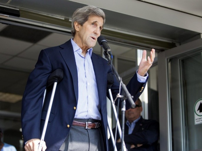 BOSTON, MA - JUNE 12: Secretary of State John Kerry speaks to the press on crutches after being discharged from Massachusetts General Hospital on June 12, 2015 in Boston, Massachusetts. Secretary Kerry broke his right femur in a bicycling accident in France in May.
