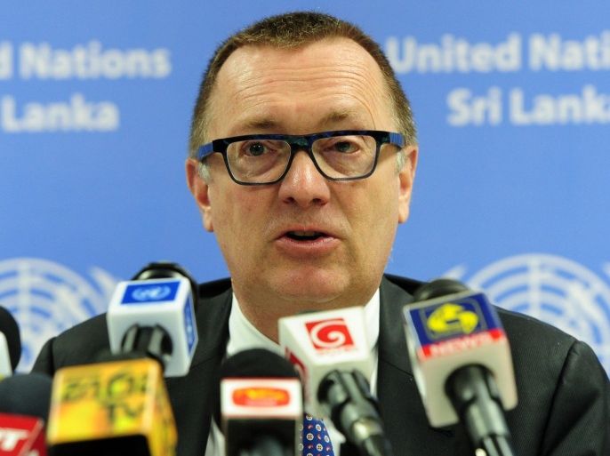 United Nations Under-Secretary-General for Political Affairs, Jeffrey Feltman addresses a press conference in Colombo on March 3, 2015. Feltman urged Sri Lanka to free Tamil detainees and demilitarise the former conflict zones ahead of a fresh war probe. AFP PHOTO / LAKRUWAN WANNIARACHCHI