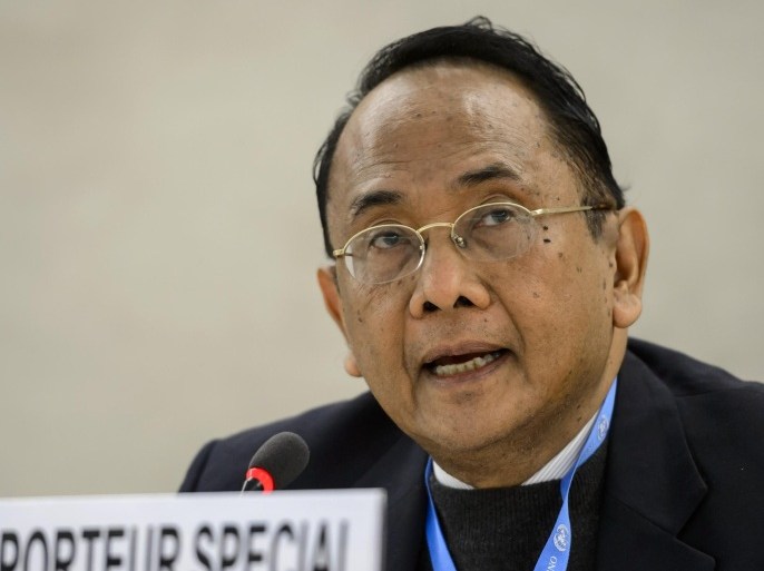 Special Rapporteur on the occupied Palestinian territories, Makarim Wibisono of Indonesia delivers a speech during the Human Right Council session on March 23, 2015 in Geneva. AFP PHOTO / FABRICE COFFRINI