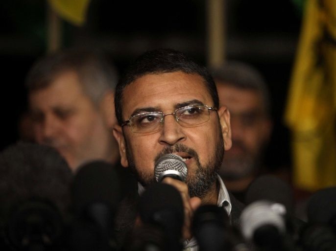 GAZA CITY, GAZA - JANUARY 27: Hamas spokesman Sami Abu Zuhri speaks to the media in Gaza City on January 28, 2015 about Hezbollah's attack on Israeli convoy in Shebaa Farms area of Lebanon.