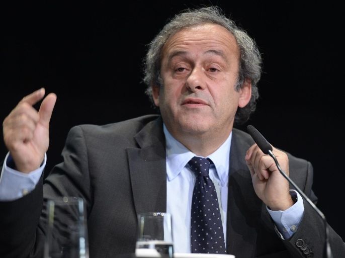 UEFA President Michel Platini speaks during a press conference after a meeting of the European Soccer Federation, UEFA, at a hotel in Glattpark-Zurich, ahead of the FIFA congress, in Zurich, Switzerland, Thursday, May 28, 2015. The FIFA congress with the president's election is scheduled for Friday, May 29, 2015 in Zurich. (Walter Bieri/Keystone via AP)