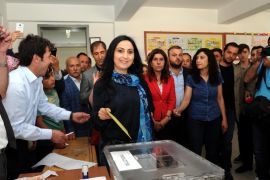 VAN, TURKEY - JUNE 07: Figen Yuksekdag, co-leader of the Peoples' Democratic Party and deputy candidate, casts her ballot at a polling station during Turkey's 25th general election in Van, Turkey on June 7, 2015. More than 53.7 million Turks are eligible to vote in a poll to elect 550 deputies to the Grand National Assembly.