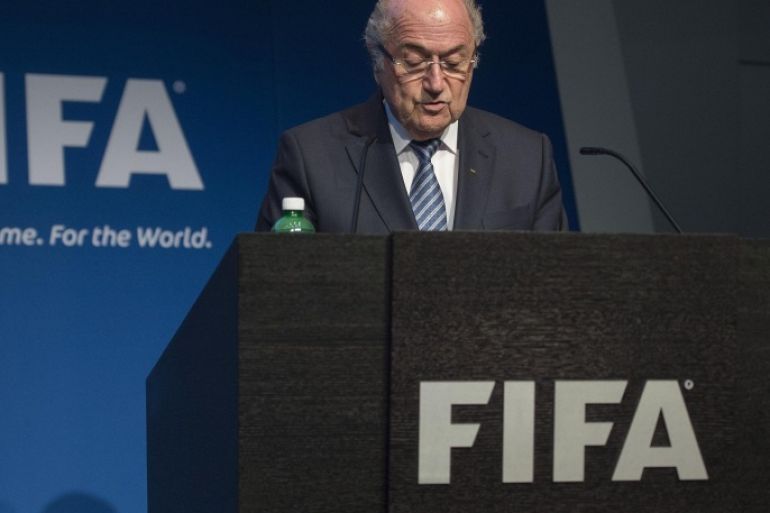 FIFA President Sepp Blatter speaks during a press conference at the headquarters of the world's football governing body in Zurich on June 2, 2015. Blatter resigned as president of FIFA as a mounting corruption scandal engulfed world football's governing body. The 79-year-old Swiss official, FIFA president for 17 years and only reelected days ago, said a special congress would be called to elect a successor. AFP PHOTO / VALERIANO DI DOMENICO