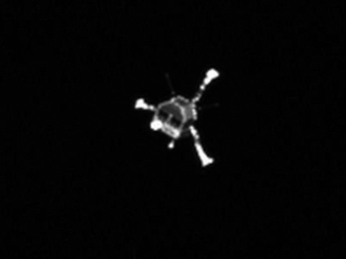 (FILE) A file handout picture ptovided by the European Space Agency (ESA) and dated 12 November 2014 shows the Philae lander shortly after separation from the Rosetta orbiter. According to a statement by ESA on 14 June 2015, comet lander Philae has sent its first signals to the ESA operations center in Darmstadt, Germany, late 13 June after 310 days of hibernation. The lander had been shut down since 15 November after spending some 60 hours on Comet 67P/Churyumov-Gerasimenko. EPA/ESA/ROSETTA/MPS FOR OSIRIS/MPS/UPD/LAM/IAA/SSO/INTA/UPM/DASP/IDA *** Local Caption *** 51660141