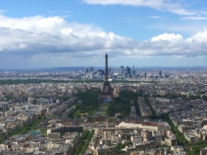 Aerial View Of Paris With Eiffel Tower, Blue Sky And Clouds
