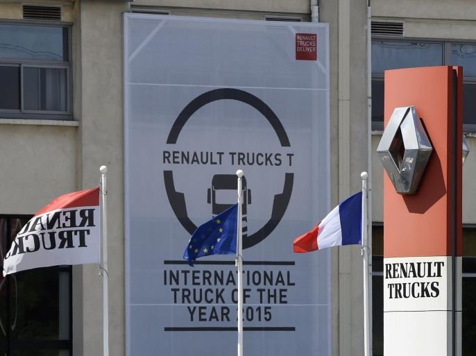 This picture taken on April 28, 2015 shows the Renault Trucks' company main building in Venissieux near Lyon, southeastern France. Renault Trucks, a subsidiary of the Volvo group in France, announced on April 28, 2015 a decision to eliminate 591 jobs, mostly administrative positions, as part of a company restructuring effort in order to lowers costs. AFP PHOTO/PHILIPPE DESMAZES