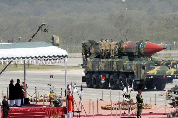 Pakistani President Mamnoon Hussein and Prime Minister Nawaz Sharif (bottom - L) watch as a Pakistani developed Shaheen II missile capable of carrying nuclear warheads passes during a Republic Day Parade in Islamabad, Pakistan, 23 March 2015. Pakistan's military held a large military parade in celebration of Republic Day, which marks the day 23 March 1940 when the Muslim League demanded a separate state from India to protect Muslims, for the first time since 2008, in a show of strength following a number of high profile attacks and with the Pakistani Government claiming security in the country is improving as a result of the ongoing campaign against militants in northwestern regions of Khyber and North Waziristan.