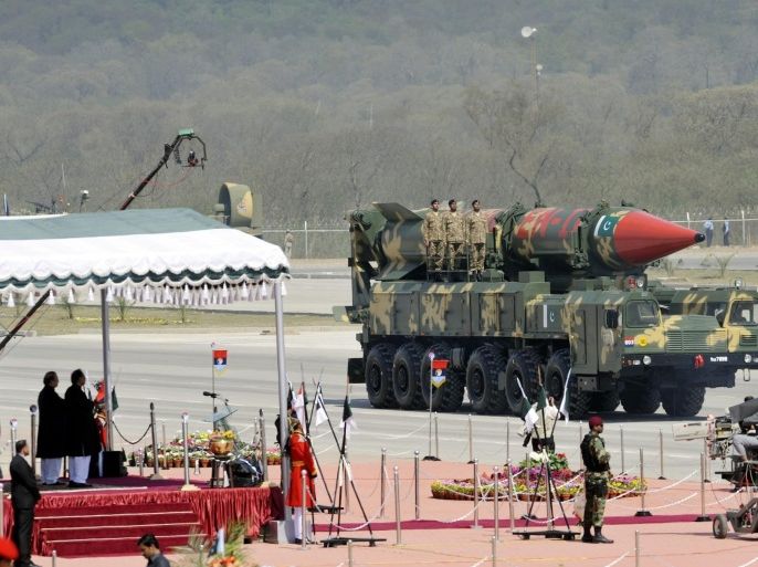 Pakistani President Mamnoon Hussein and Prime Minister Nawaz Sharif (bottom - L) watch as a Pakistani developed Shaheen II missile capable of carrying nuclear warheads passes during a Republic Day Parade in Islamabad, Pakistan, 23 March 2015. Pakistan's military held a large military parade in celebration of Republic Day, which marks the day 23 March 1940 when the Muslim League demanded a separate state from India to protect Muslims, for the first time since 2008, in a show of strength following a number of high profile attacks and with the Pakistani Government claiming security in the country is improving as a result of the ongoing campaign against militants in northwestern regions of Khyber and North Waziristan.