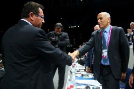 ZURICH, SWITZERLAND - MAY 29:  Jibril Al Rajoub (R), President of the Palestinian Football Association shakes hands with Ofer Eini, President of the Israel Football Association during the 65th FIFA Congress at the Hallenstadion on May 29, 2015 in Zurich, Switzerland.