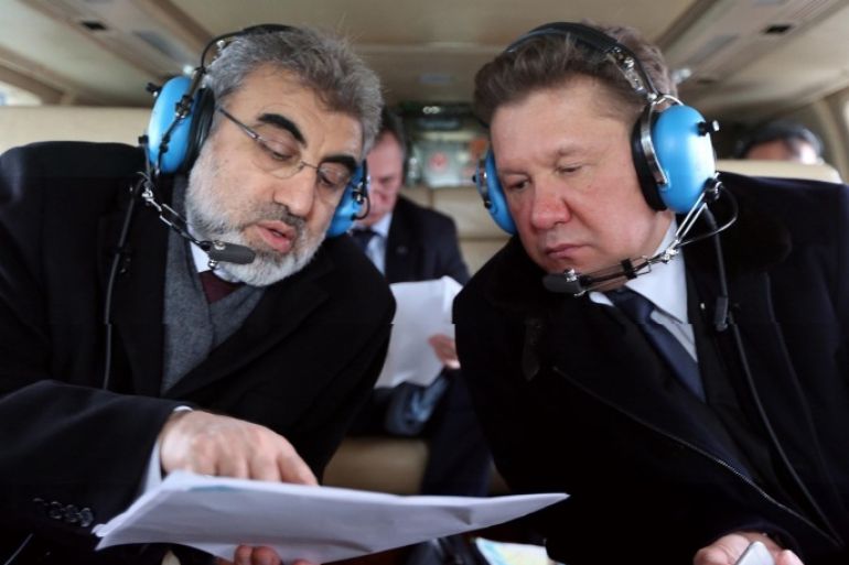 ISTANBUL, TURKEY - FEBRUARY 08: Chairman of the Board of Gazprom Alexey Miller (R) is seen during examination with 4-hour helicopter tour with Turkey's Energy Minister Taner Yildiz (L) on possible course of Turkish Stream pipeline in Istanbul, Turkey on February 08, 2015.