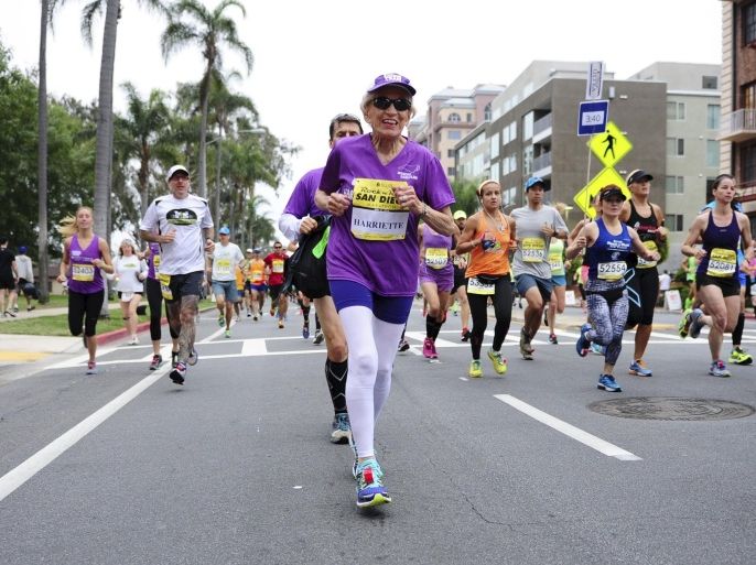 Harriette Thompson, 92, runs in the Rock 'n' Roll Marathon in San Diego, California, in this May 31, 2015 handout photo released to Reuters on June 1, 2015. Thompson, who is from North Carolina and is a two-time cancer survivor, has become the oldest female in the world to complete a marathon with a run in San Diego, organizers of the event said. REUTERS/Ryan Bethke/Competitors Group/Handout ATTENTION EDITORS - THIS IMAGE HAS BEEN SUPPLIED BY A THIRD PARTY. IT IS DISTRIBUTED, EXACTLY AS RECEIVED BY REUTERS, AS A SERVICE TO CLIENTS. NO SALES. NO ARCHIVES. FOR EDITORIAL USE ONLY. NOT FOR SALE FOR MARKETING OR ADVERTISING CAMPAIGNS