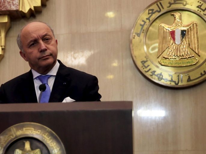 French Foreign Minister Laurent Fabius attends a joint news conference with Egyptian Foreign Minister Sameh Shukri (not pictured) at the presidential palace in Cairo, Egypt, June 20, 2015, after his meeting with Egypt's President Abdel Fattah al-Sisi to discuss the situation in the Middle East. Fabius arrived in Cairo on Saturday with an initiative aimed at bringing Israel and the Palestinians back to peace talks. REUTERS/Amr Abdallah Dalsh