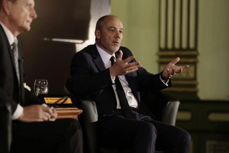 Stephane Richard, the chief executive officer of French mobile phone company Orange, gestures as he speaks during a press conference in Cairo, Egypt, Wednesday, June 3, 2015. Richard said he would end his company's relationship with an Israeli operator that pays to use its name "tomorrow" if he could, but that to do so would be a "huge risk" in terms of penalties. He was holding the news conference Wednesday with Yves Gauthier, left, the chief executive officer of its Egyptian brand Mobinil. (AP Photo/Thomas Hartwell)