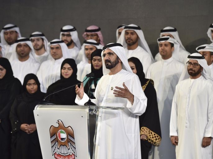 Sheikh Mohammed bin Rashid Al Maktoum, Vice-President and Prime Minister of the UAE and Ruler of Dubai, talks amongst engineers and scientists during a ceremony to unveil UAE's Mars Mission in Dubai in this May 6, 2015 handout provided by the Dubai Media office. UAE unveiled plans for first Arab mission to Mars, dubbed the "Hope Probe", a project designed to inspire a generation of young Arab scientists and bring hope to a region ripe with conflict and despair. REUTERS/The Media Office of Sheikh Mohammed/Handout via Reuters ATTENTION EDITORS - THIS PICTURE WAS PROVIDED BY A THIRD PARTY. REUTERS IS UNABLE TO INDEPENDENTLY VERIFY THE AUTHENTICITY, CONTENT, LOCATION OR DATE OF THIS IMAGE. FOR EDITORIAL USE ONLY. NOT FOR SALE FOR MARKETING OR ADVERTISING CAMPAIGNS. THIS PICTURE IS DISTRIBUTED EXACTLY AS RECEIVED BY REUTERS, AS A SERVICE TO CLIENTS. NO SALES. NO ARCHIVES.