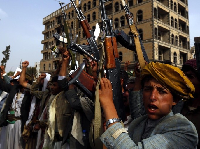 Armed Houthi supporters shout anti-Saudi slogans during a rally protesting Saudi-led military operations against positions held by the Houthis and their allies, in Sanaa, Yemen, 05 June 2015. Saudi Arabia and other Sunni Arab countries have been targeting the Houthis and allied military units since late March, when those groups forced Abdo Rabbo Mansour Hadi to flee the country and plunging the country into an even worse humanitarian crisis, with thousands killed and injured and hundreds of thousands without access to basic goods.