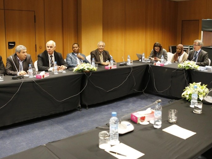 UN Special Envoy to Libya Bernardino Leon, right, speaks with delegates of government in the eastern city of Tobruk, at the Palais des Congres of Skhirate 30 km south of Rabat, Morocco, Thursday, March 5, 2015. Following the opening of the talks, the UN Special Envoy to Libya Bernardino Leon expressed his confidence that the two sides felt a degree of urgency to reach an agreement amid the deteriorating situation in the country. (AP Photo/Abdeljalil Bounhar)