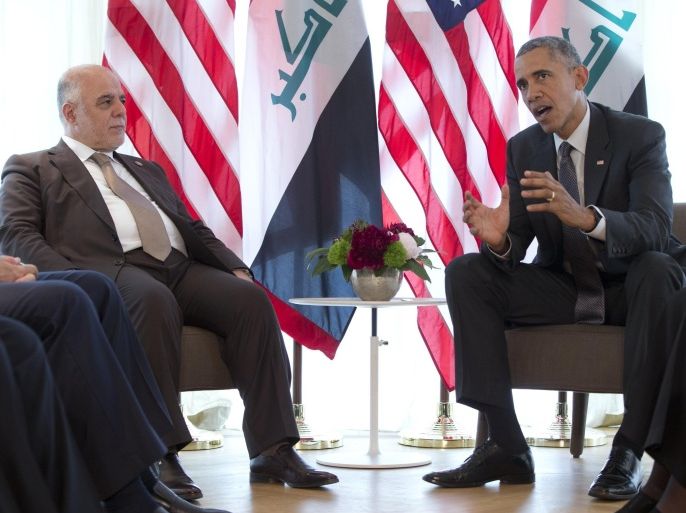 US President Barack Obama and Iraqi Prime Minister Haider al-Abadi, left, participate in a bilateral meeting during the G-7 summit in Schloss Elmau hotel near Garmisch-Partenkirchen, southern Germany, Monday, June 8, 2015. (AP Photo/Carolyn Kaster)
