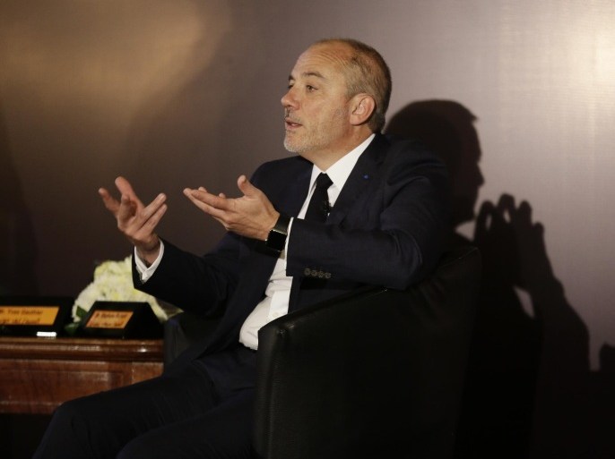 Stephane Richard, the chief executive officer of French mobile phone company Orange, speaks during a press conference in Cairo, Egypt, Wednesday, June 3, 2015. Richard said he would end his company's relationship with an Israeli operator that pays to use its name "tomorrow" if he could, but that to do so would be a "huge risk" in terms of penalties. He was holding the news conference Wednesday with Yves Gauthier, the chief executive officer of its Egyptian brand Mobinil. (AP Photo/Thomas Hartwell)