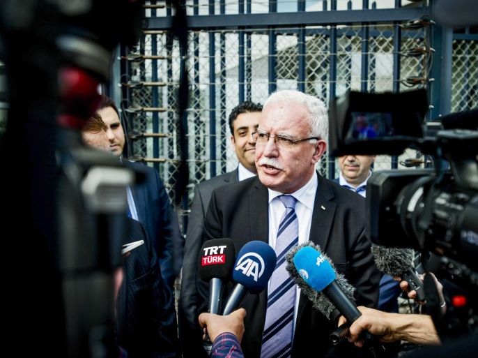 The Foreign Minister of the Palestinian Authority, Riyad al-Maliki, speaks to the media after leaving International Criminal Court (ICC) in The Hague, The Netherlands, 25 June 2015. The State of Palestine officially presented its first communication of information to the International Criminal Court. The communication includes two main files, one dedicated to Israeli Colonization in the Occupied West Bank, including East Jerusalem, and another one with extensive information about Israeli crimes in the besieged Gaza.