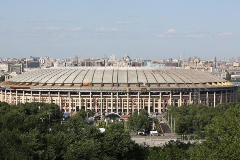 The Luzhniki sports stadium stands on the city skyline in Moscow, Russia, on Monday, June 8, 2015. Rents in Moscow's most coveted neighborhoods are plunging as demand withers with the exodus of U.S. and European executives.