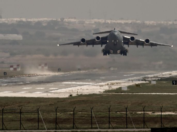 A US Air Force plane takes off from the Incirlik airbase, southern Turkey, Sunday, Sept. 1, 2013. U.S. President Barack Obama said he has decided that the United States should take military action against Syria in response to a deadly chemical weapons attack, but he said he will seek congressional authorization for the use of force.(AP Photo/Vadim Ghirda)