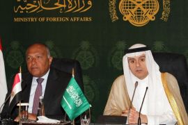 Saudi Foreign Minister Adel al-Jubeir (R) and his visiting Egyptian counterpart Sameh Shoukry give a joint press conference following a meeting on July 23, 2015 at the ministry of Foreign Affairs in the Saudi city of Jeddah. AFP PHOTO / STR