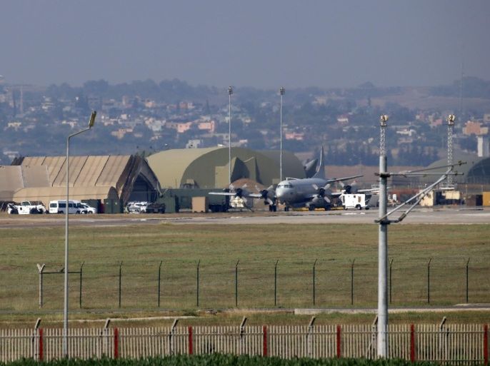 A military aircraft is pictured on the runway at Incirlik Air Base, in the outskirts of the city of Adana, southeastern Turkey, on July 28, 2015. After months of reluctance, Turkish warplanes last week started striking militant targets in Syria and agreed to allow the US to launch its own strikes from Turkey's strategically located Incirlik Air Base. In a series of cross-border strikes, Turkey has not only targeted the IS group but also Kurdish fighters affiliated with forces battling IS in Syria and Iraq. AFP PHOTO/STR