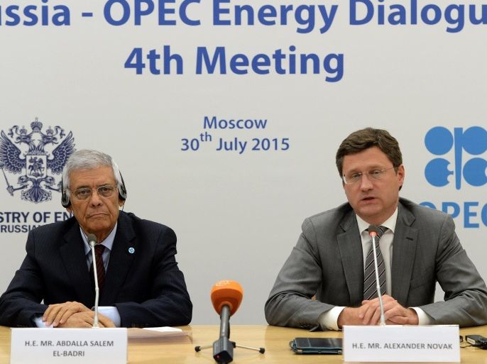 OPEC Secretary-General Abdalla Salem El-Badri and Russia's Energy Minister Alexander Novak attend a press-conference after Russia-OPEC energy dialogue meeting in Moscow on July 30, 2015. AFP PHOTO / VASILY MAXIMOV