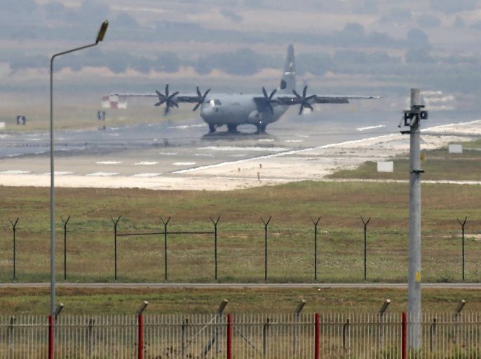 A US Air Force transport plane maneuvers on the runway at Incirlik Air Base, in the outskirts of the city of Adana, southeastern Turkey, Tuesday, July 28, 2015. After months of reluctance, Turkish warplanes started striking militant targets in Syria last week, and also allowed the U.S. to launch its own strikes from Turkey's strategically located Incirlik Air Base. (AP Photo/Emrah Gurel)