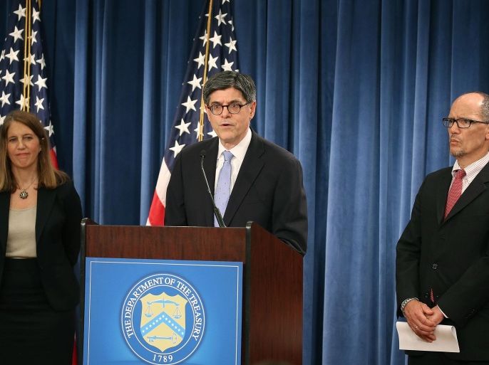 WASHINGTON, DC - JULY 22: Treasury Secretary Jack Lew (C) speaks while flanked by HHS Secretary Sylvia Mathews Burwell (L) and Labor Secretary Thomas Perez during a news conference at the Treasury Department July 22, 2015 in Washington, DC. Treasury Department released the 2015 Social Security and Medicare Trustees Reports to Congress.