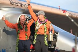 After covering some 8,200 kilometres over the course of 120 hours, pilot co-founder Andre Borschberg (R) and his partner Bertrand Piccard (L) celebrate the landing of the Solar Impulse 2 in Honolulu Solar Impulse 2 in Honolulu, Hawaii, USA, 03 July 2015. The solar-powered plane on a round-the-world journey landed in Hawaii after a record-breaking five-day flight from Japan. The Solar Impulse 2 departed on 29 June on the most challenging leg of its attempt to circumnavigate the globe using only the energy of the sun. EPA/Bruce Omori EPA/Bruce Omori