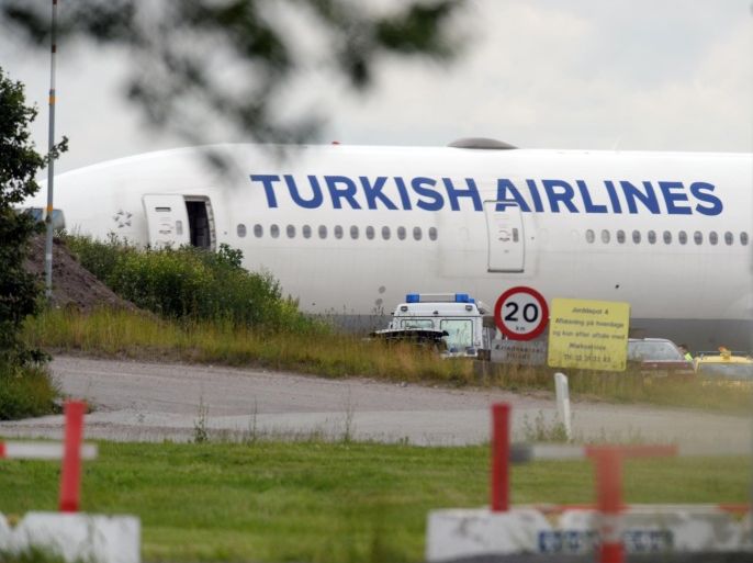 A Turkish Airlines plane is seen in Copenhagen Airport, Denmark, Thursday, June 25, 2015 . Danish police says a New York-bound Turkish Airlines plane made an emergency landing at Copenhagen's international airport after an old camera bag, possibly forgotten by a passenger, caused a bomb scare. (Kenneth Meyer/Polfoto via AP) DENMARK OUT
